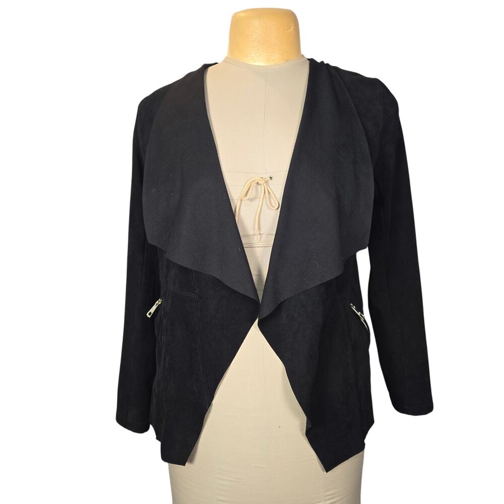 Adrienne Vittadini Womens S Black Faux Suede Waterfall Drape Open Front Blazer‎
